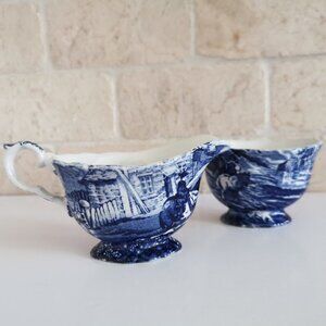 Old Foley Blue Creamer & Sugar Bowl James Kent Staffordshire 1970s Transferware